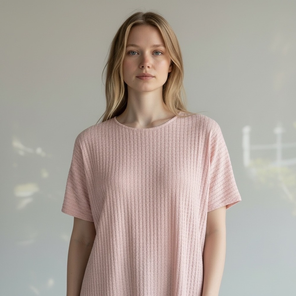 Bentley Pink Textured Chevron Pleated Short Sleeve Crew Neck Blouse Top Womens